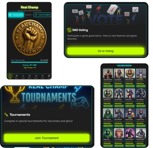 screenshots of the Real Champ crypto game